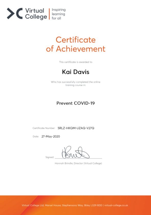 A certificate from the Virtual College for 'Preventing Covid' awarded to Kai Davis of Lentil Marketing.