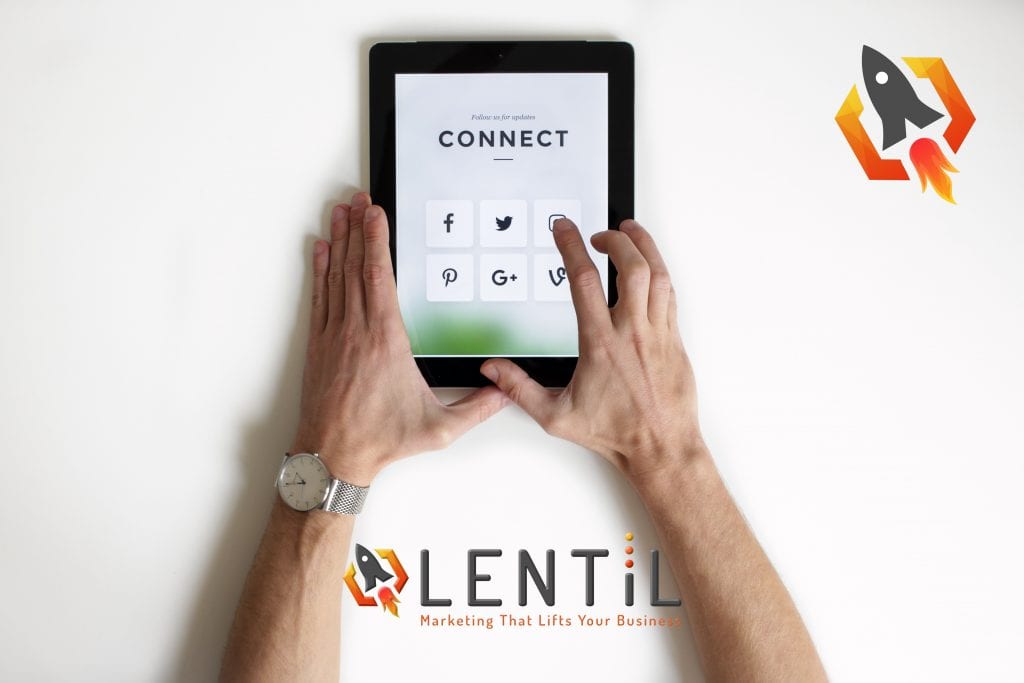 Lentil Marketing, connecting social media platforms. Image shows a tablet device with a selection of social media icons.