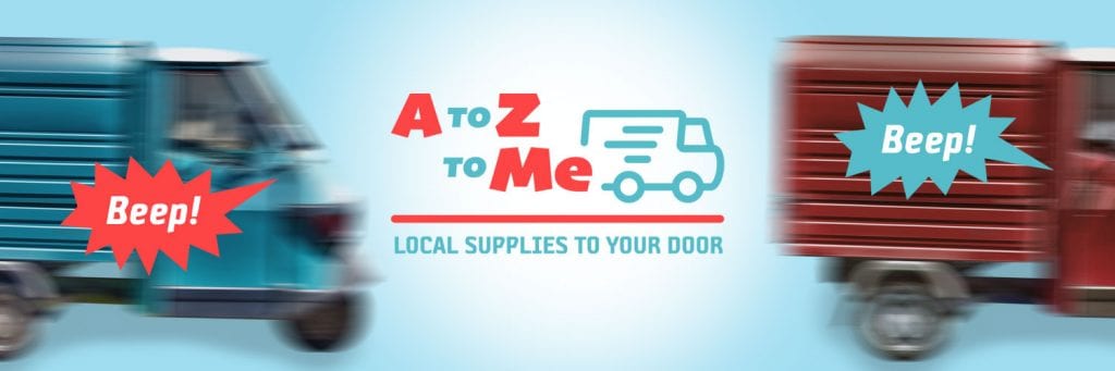 A to Z to Me logo, local supplies to your door. An organisation who help to promote local businesses on the Isle of Wight. (Image shows two delivery vans 'beeping' with the A to Z to Me logo.