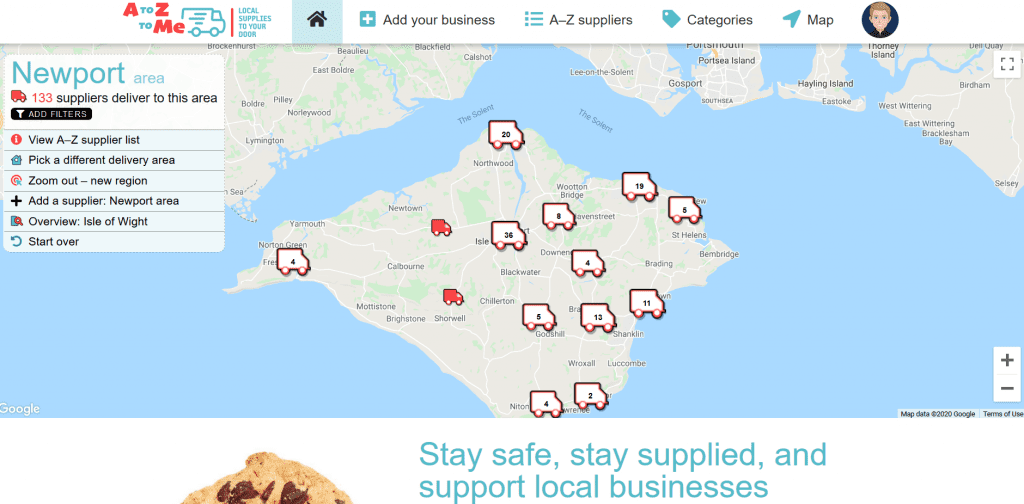 A screen shot of the A to Z to Me website showing the business listings, add a business and interactive Google map of the Isle of Wight with shopping icons for available businesses
