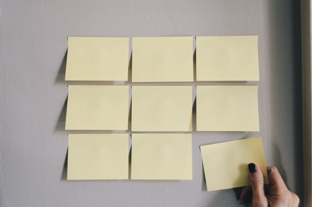 A series of post-it notes on the wall. 