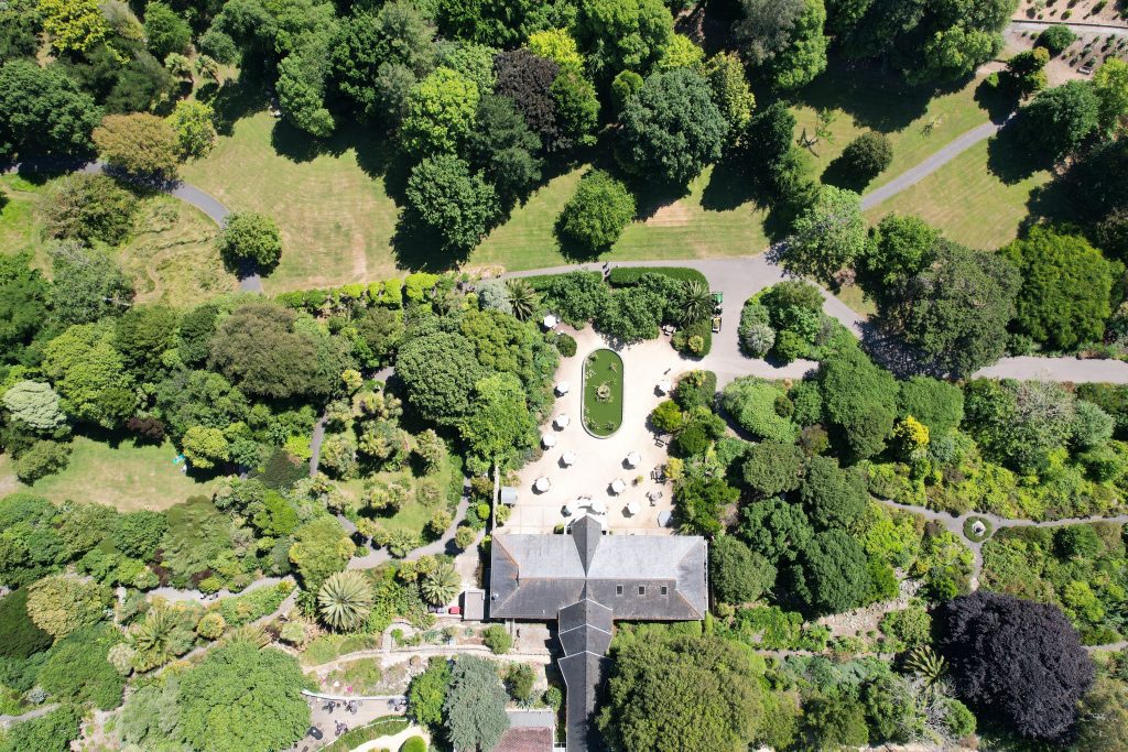 A drone photo taken looking directly down on the grounds and buildings of Ventnor Botanic Garden.